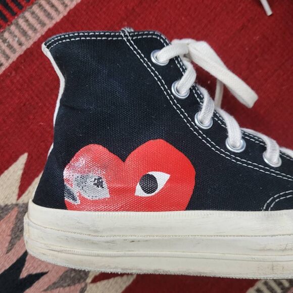 Converse x Comme De Garcons Play High Top Sneakers Sz W 7 M 5 Hidden Heart Black - Picture 2 of 9